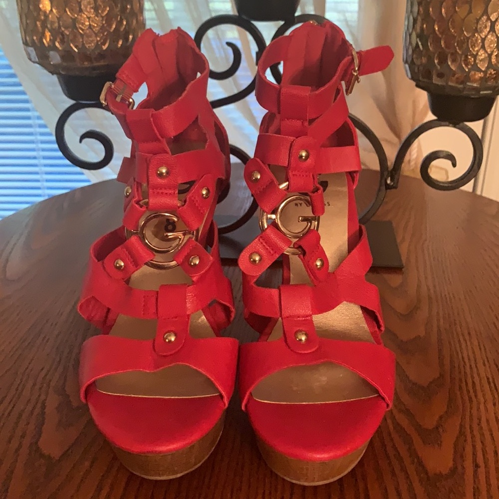Red Guess Strappy Wedges. Great condition. Size 8.